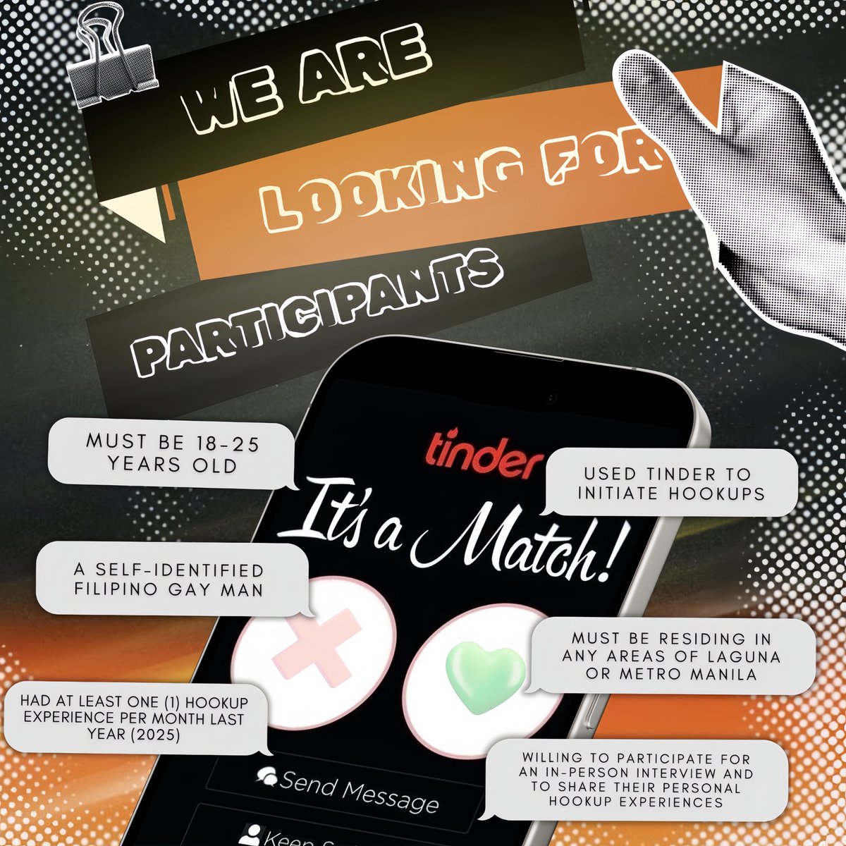 hii, everyone. we are currently conducting a research entitled “Behind Screens and Sheets: A Phenomenological Study of Tinder-Based Hookup Culture Among Young Adult Filipino Gay Men in Metro Manila and Laguna.” 💘 &amp; need po namin participants from metro manila 🥹

#Hookup
#Tinder