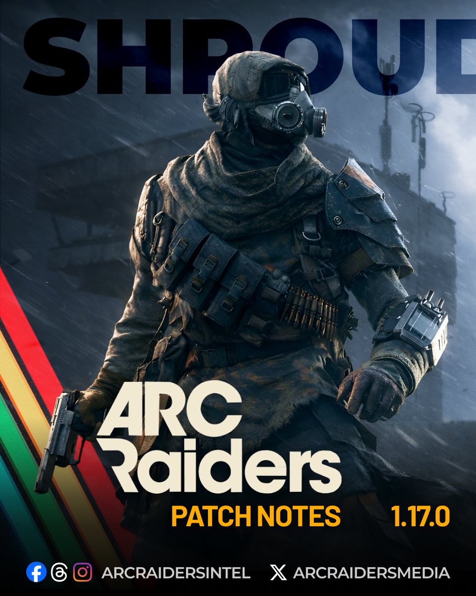 ARCRaidersMedia's tweet photo. Shrouded Sky Update 1.17.0 is now live in ARC Raiders:

New Hurricane Map Condition with low visibility, strong winds and flying debris

🔹 Two new ARC enemy types spotted in the Rust Belt

🔹 Weather Monitoring System seasonal player project

🔹 Free Raider Deck available

🔹 Dam Battlegrounds map update

🔹 Expedition catch-up system for missed Skill Points

🔹 New facial hair customization option

Weapon & Balance Changes:

🔹 Major balancing for Stitcher, Kettle, Venator, Jupiter and Aphelion

🔹 Adjusted TTK, headshot multipliers, recoil and handling

🔹 Semi-auto input buffering reworked for better responsiveness and skill balance

Progression & Gameplay:

🔹 Feats can now be rerolled three times per day for free

🔹 PvP Feats removed and refreshed with new additions

🔹 Energy Clip now available by default in the Workbench

🔹 New Field Craft item: Shaker instrument

🔹 Added piano as an interactable world object

Quality of Life & Fixes:

🔹 NVIDIA Freestyle filter stacking disabled

🔹 Multiple map fixes across Stella Montis, Blue Gate and Buried City

🔹 UI, social, audio and animation improvements

🔹 General performance optimizations and crash fixes

Anti-Cheat:

🔹 Stricter enforcement and stronger penalties for serious infractions

🔹 Improved detection systems and manual ban review process

Full patch notes 🔗 :  https://t.co/5uInmzcImG