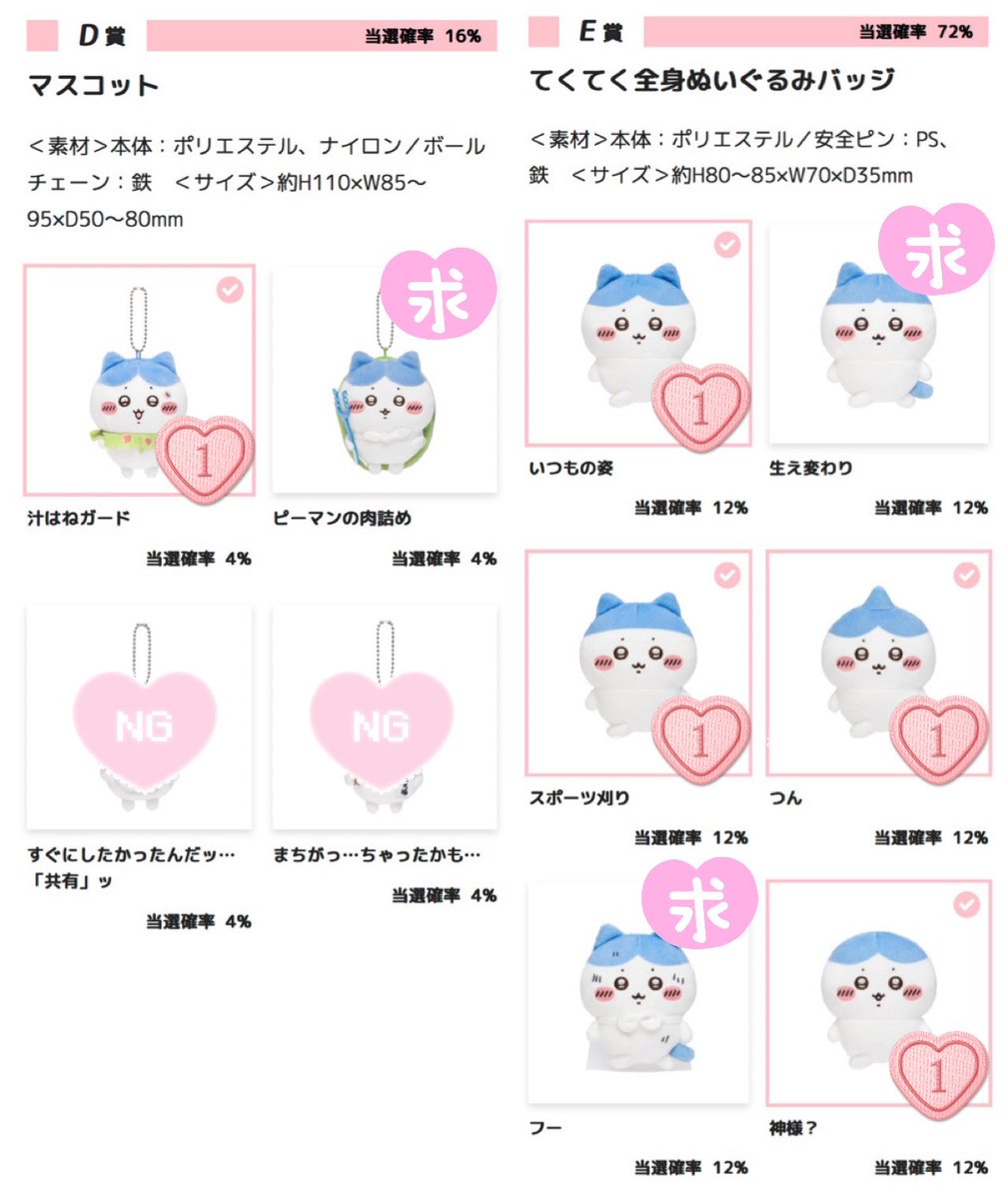cheesetorokeru's tweet photo. 【交換 ちいかわ ハチワレだらけくじ】

譲▶︎D賞 汁はねガード
       E賞 いつもの姿、スポーツ刈り、つん、神様？
               各1

求▶︎D賞 ピーマンの肉詰め
       E賞 生え変わり、フー
               各1

D賞＞E賞
賞違いの場合は2:1可能です https://t.co/G3OEaQgZbr