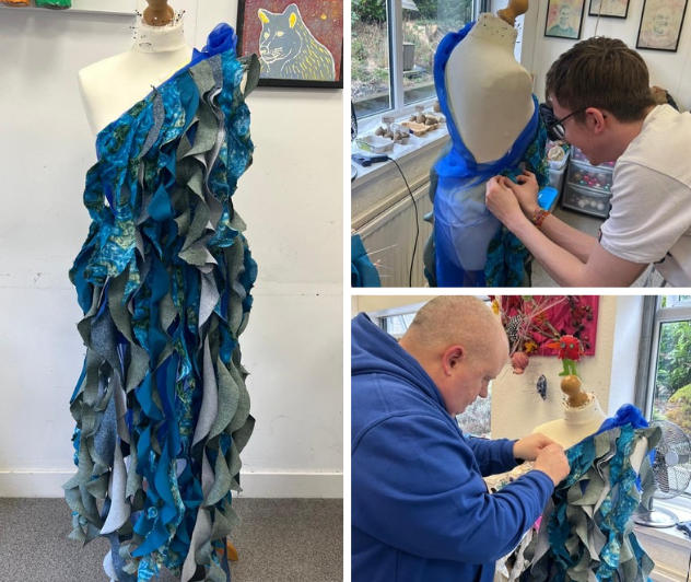 stepscic's tweet photo. Our sea-inspired dress is a collaborative effort! Each of us made our own swirls, and together they’ve come together into one unique design, which is simply stunning. https://t.co/kjocmPgQf5