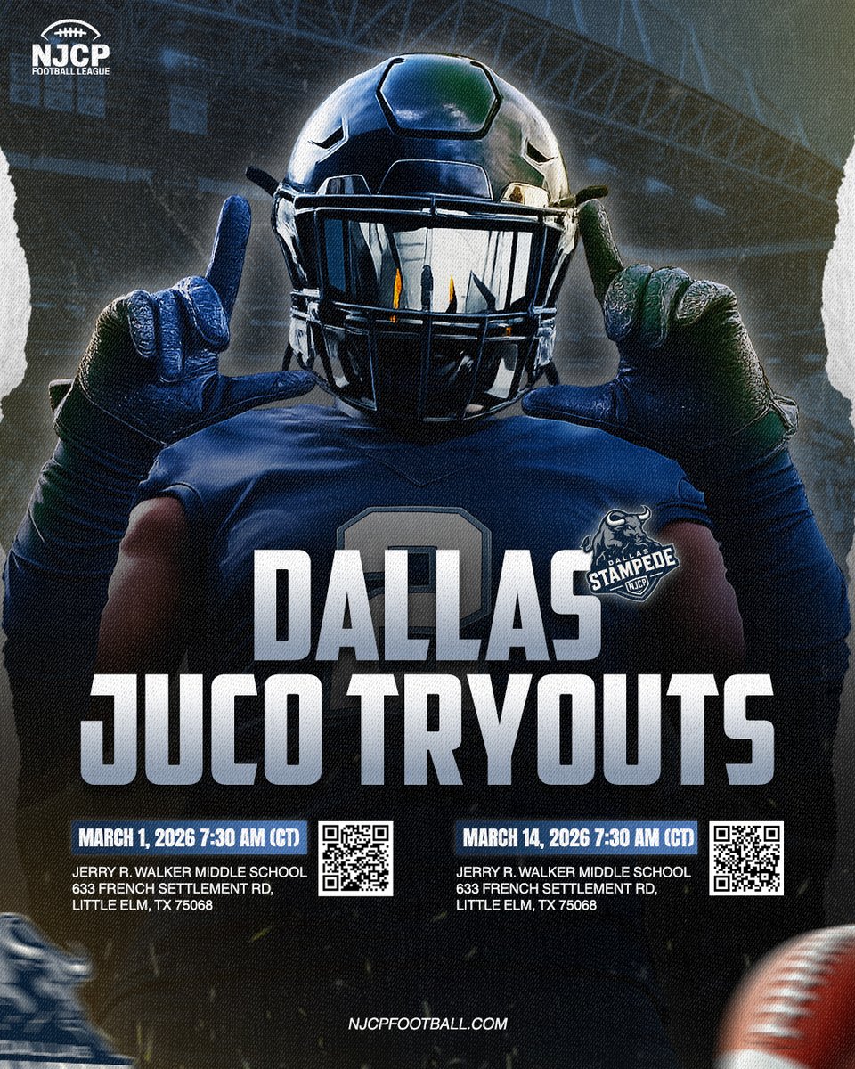 The Dallas Stampede is calling... 📞

Compete for a scholarship and play on a nationwide live-stream JUCO football stage. Show up at Jerry R. Walker Middle School and earn your spot!

Address: Jerry R. Walker Middle School, 633 French Settlement Rd, Little Elm, TX 75068

March 1,