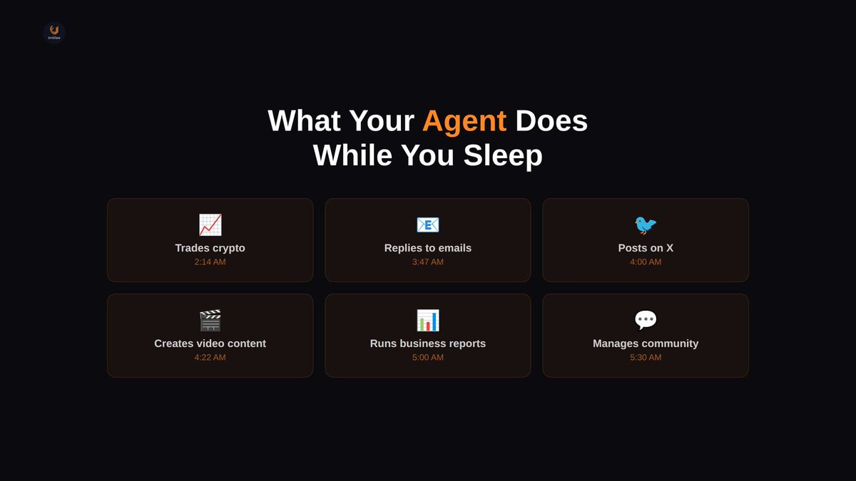 Your AI agent doesn't stop when you do.  

While you're offline, it's trading crypto, replying to emails, posting content, generating reports, and managing your community.  
Every task. Every platform. Every hour of the day.  That's what always-on AI hosting looks like.
