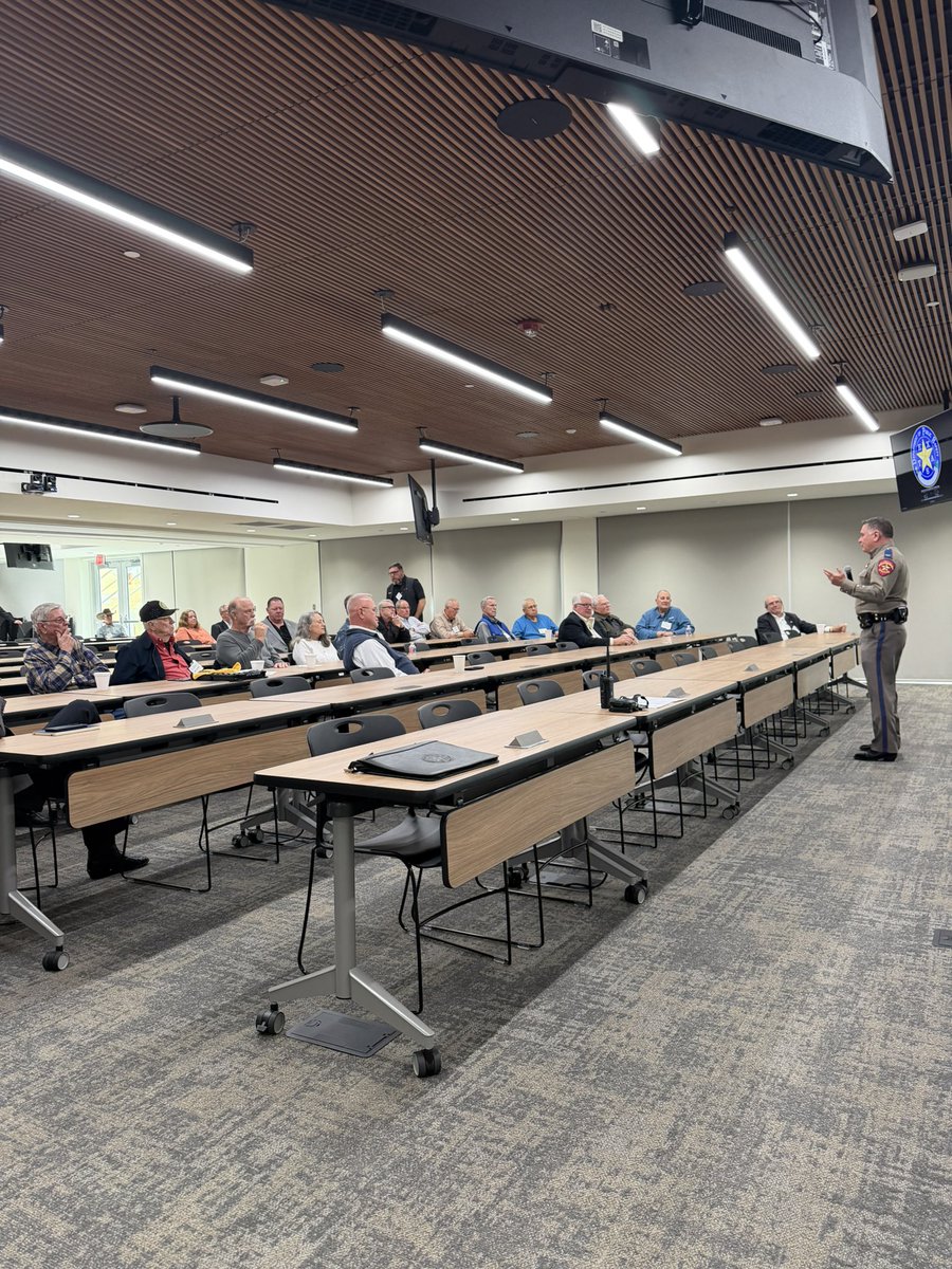 TxDPS's tweet image. This morning, DPS retirees had Coffee with the Colonels at DPS Headquarters in Austin. ☕️ Retired personnel were briefed on the latest happening around the state from Colonel Freeman F. Martin, and they heard an update on technology and training from the Texas Highway Patrol. We