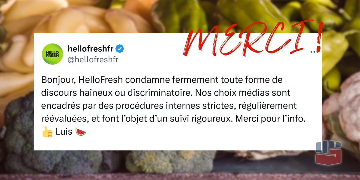 👍 Alerté de la présence de ses pubs Web sur le site extrémiste #Frontières, @HelloFreshFr affirme sa volonté de ne pas s'associer aux discours haineux ou discriminatoires.

Nous lui laissons prendre les mesures qui s'imposent.
Merci ! 💕
#opFrontières