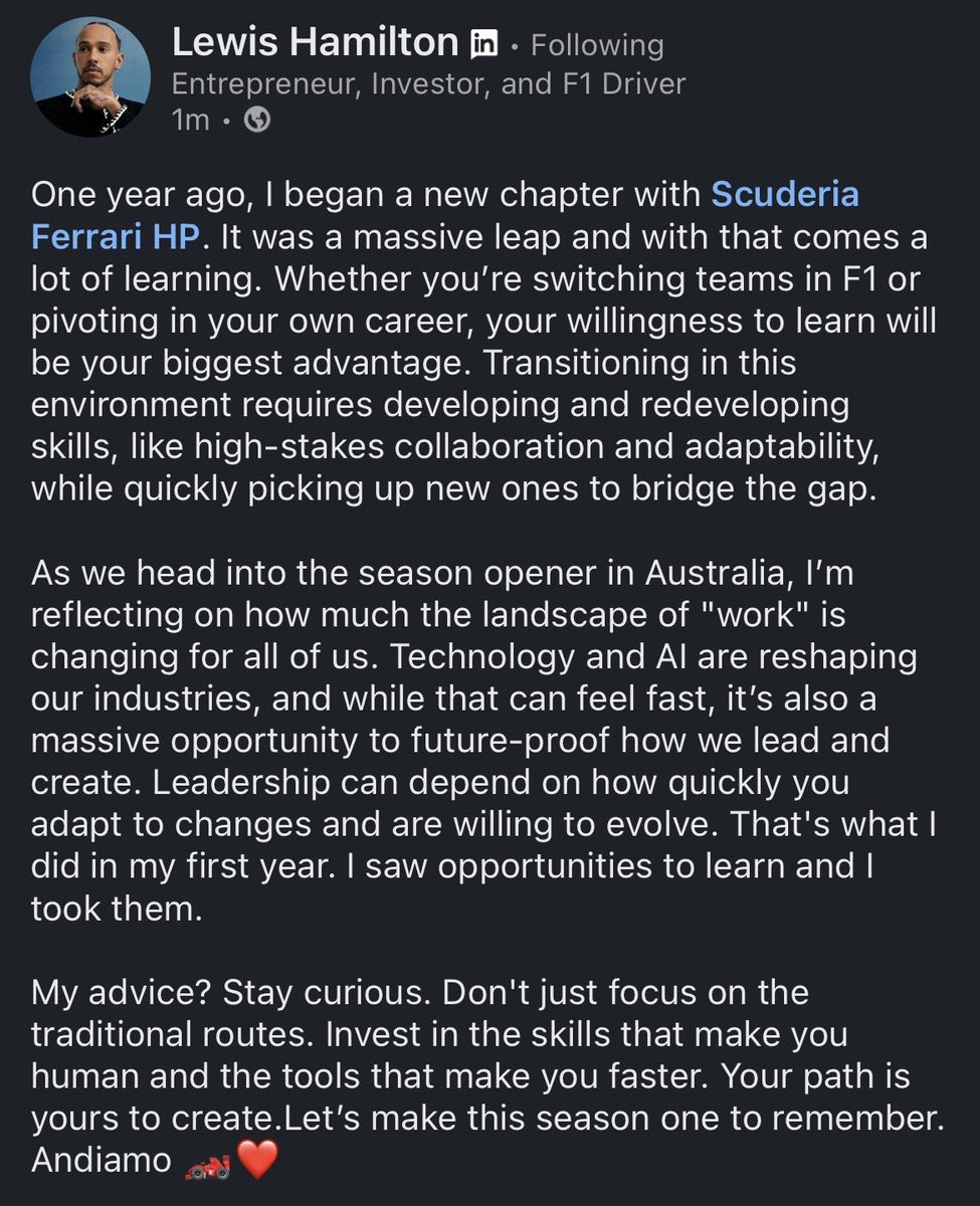 Sir Lewis Hamilton via Linkedin