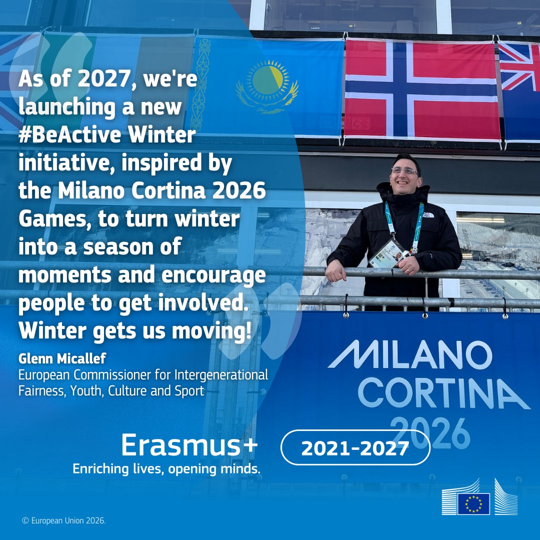 EuSport's tweet image. Winter is when physical activity drops. We’re changing that.

From 2027, the Commission launches #BeActive Winter — inspired by the Milano Cortina 2026 Games — with the first two weeks of February dedicated to staying active in winter.

🗣️ “Winter gets us moving!” @GlennMicallef