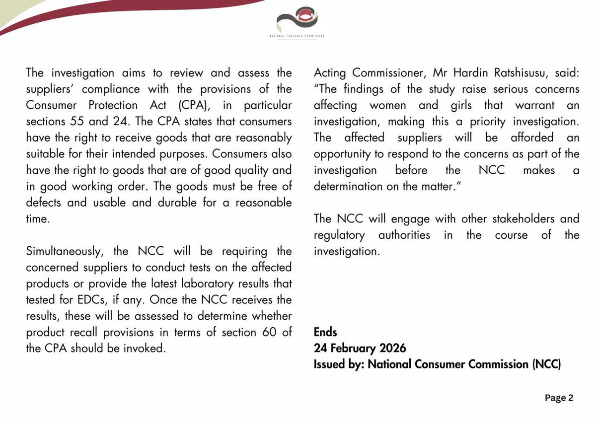 TheNCC_RSA's tweet photo. The NCC is investigating nine suppliers of sanitary pads. Consumer safety is our priority.

@PhethoN @the_dtic https://t.co/HxPdFBcZYV