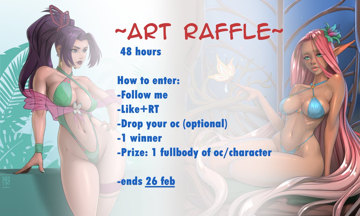 🔥ART RAFFLE🔥
    ⏳48 hours⏳

❓How to enter:

⭐️ Follow me
⭐️ Like+RT
⭐️ Drop your oc (optional)

⭐️ 1 winner
⭐️ Prize: 1 fullbody of oc/character

⏳ends 26 feb