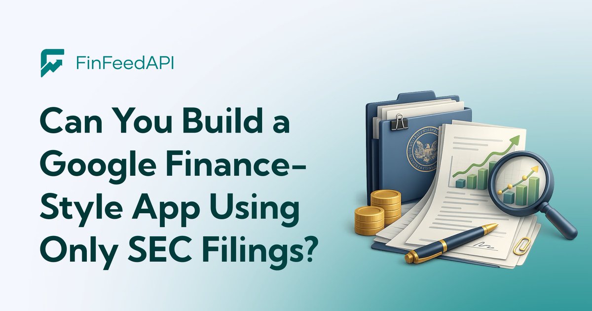 FinFeedAPI's tweet photo. Hot take... you donβt need stock prices to build a finance app!
You need disclosures...
Hereβs how to build a Google Finance-style app using only SEC filings... streamed live... searchable... structured.... π
https://t.co/CQ7cnkRR4b
#SEC #SECfilings #EDGAR #StartUpIdea #FinanceAPP