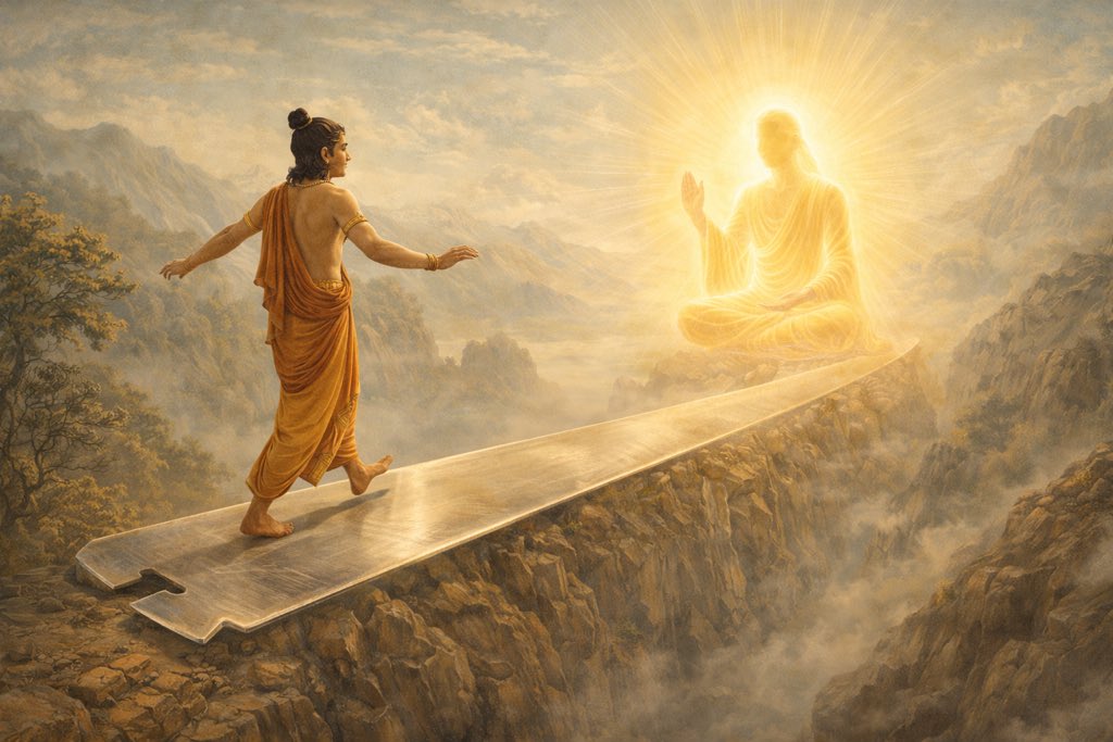 Arise. Awaken. Seek the highest wisdom.
The path is sharp like a razor’s edge —
difficult and demanding, as the wise declare.

📖 Source
Katha Upanishad
1.3.14

#KathaUpanishad
#SanskritWisdom
#IndicKnowledge
#IndianPhilosophy
#Upanishads
#SelfDiscipline
#ConsciousLiving