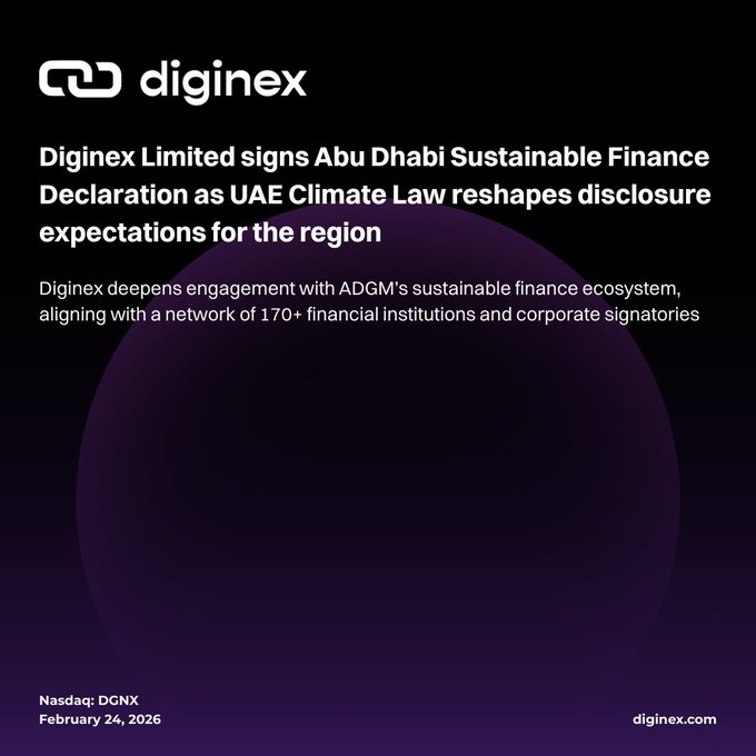 $DGNX signs Abu Dhabi Sustainable Finance Declaration and deepens engagement with ADGM’s Sustainable Finance Community as UAE Climate Law reshapes disclosure expectations for the region.

#SustainableFinance #ADGM #UAE #ClimateLaw 

Full Press Release: ir.diginex.com/news-releases/…