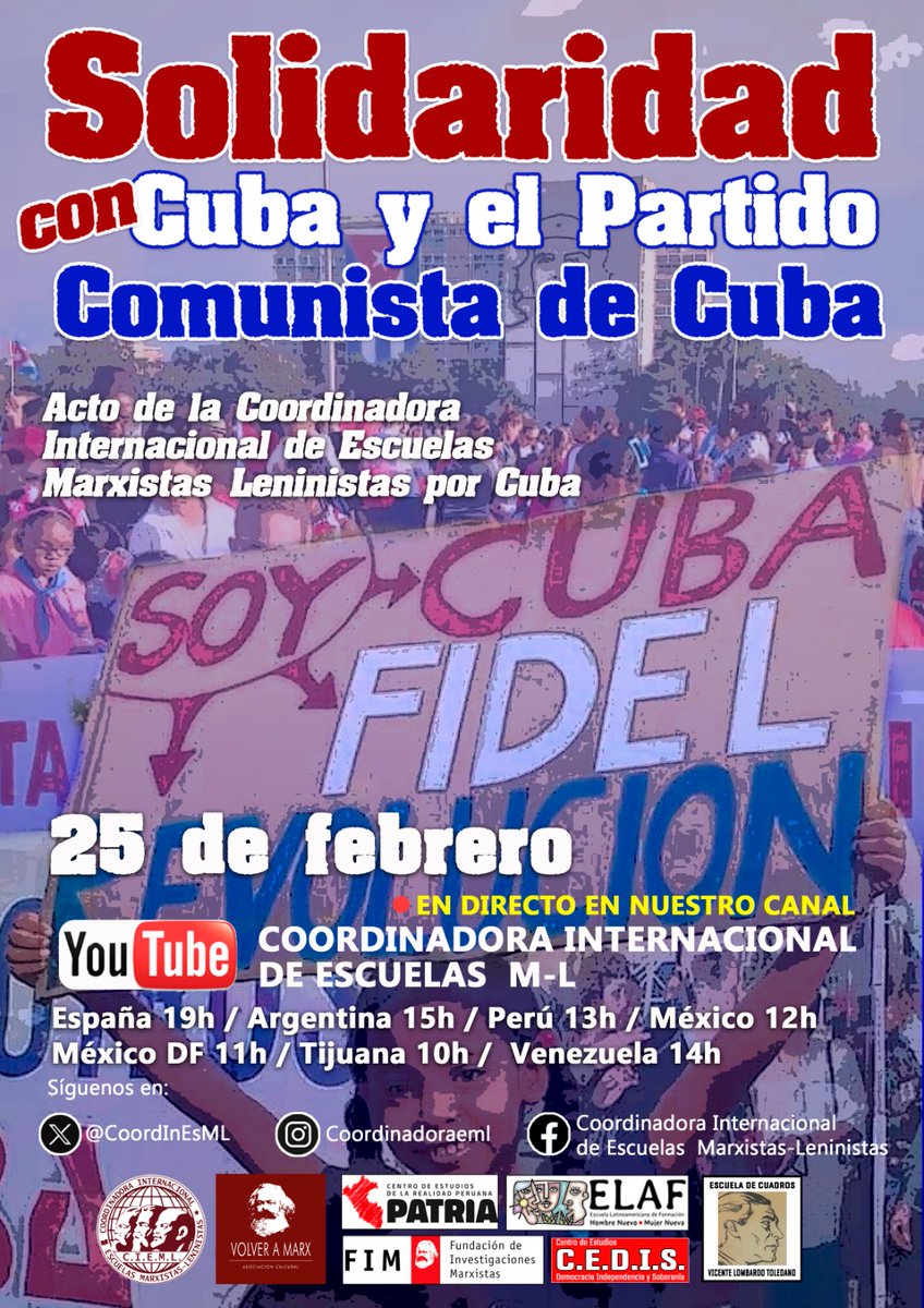 Acto de la Coordinadora Internacional de Escuelas Marxistas Leninistas por Cuba

 elcomun.es/2026/02/24/act… 

Desde la Coordinadora Internacional de Escuelas Marxistas-Leninistas se organiza un encuentro de análisis y solidaridad con el pueblo cubano y el Partido Comunista ...