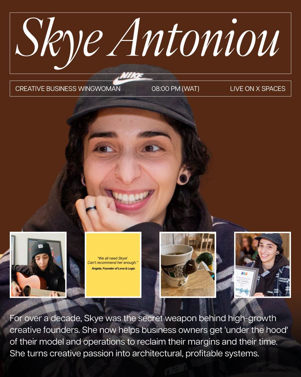 Creative talent isn’t enough.
You need a model that works.

At the next Glyn Space, <a href="/skyecreativeWW/">Skye Antoniou</a> joins us to break down how to build a creative business that’s sustainable, structured, and profitable.

Join us at 8PM WAT on Friday, February 27th