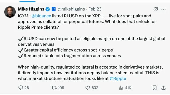 $RLUSD listed on Binance. Approved as collateral for perpetual futures. Live on $XRP Ledger.

That's a regulated stablecoin accepted as margin on one of the largest derivatives venues on earth.

This is how market structure matures around $XRP ecosystem.

Slowly. Then all at