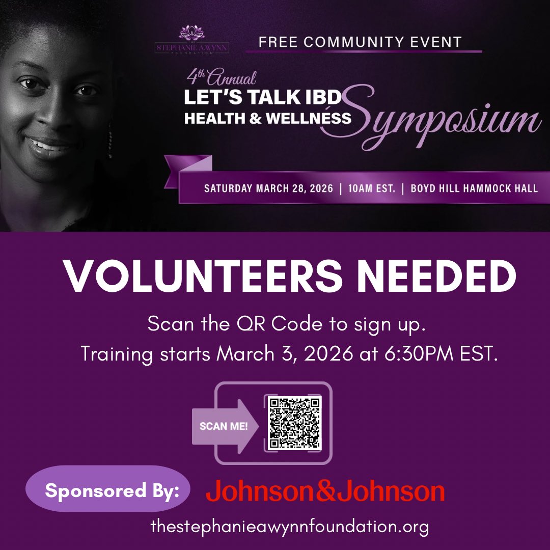 IBDPTNavigator's tweet photo. Volunteers needed for the 4th Annual Let’s Talk IBD Health &amp; Wellness Symposium 💜.

March 28, 2026 | 10AM EST
Boyd Hill Hammock Hall

Training begins March 3 at 6:30PM EST.

Sponsored by @JNJInnovation.

Scan the QR code to register. 

#LetsTalkIBD2026 https://t.co/vTP72nxxF9