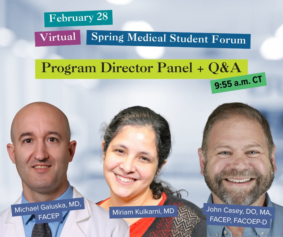 emresidents's tweet image. Med students: get your EM questions answered by PDs at our FREE virtual Medical Student Forum on Feb 28!

Registration is open to all students at: emra.org/be-involved/ev…

@gamerEMdoc @JohnCaseyDO

#EMRA #EmergencyMedicine #MedStudents #EMBound #MedEd