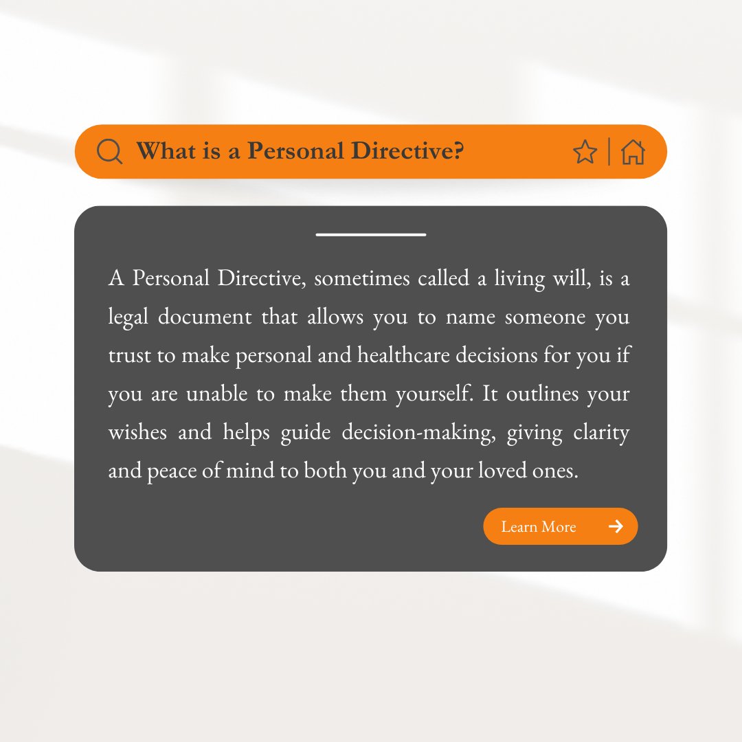 A Personal Directive (living will) allows you to appoint someone trustworthy to make healthcare decisions on your behalf, ensuring your wishes are honored. 

Learn more at pritchardandcompany.ca

#PersonalDirective #EstatePlanning #MedicineHat