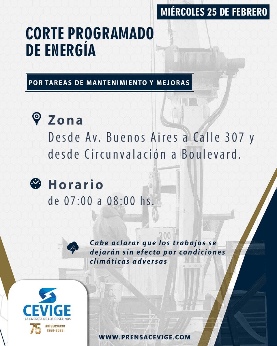 Corte programado para el 25/02/2026 💡🔧🔩

#Corteprogramado #Cevige #Electricidad #Mantenimiento #Energía