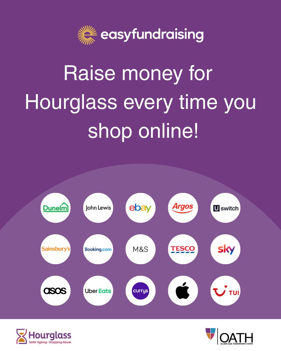 wearehourglass_'s tweet image. You can now raise money for Hourglass every time you shop online with Easyfundraising at no extra cost to yourself💸💜

Click the link and sign up for free: ow.ly/aORJ50YkTKC

#Hourglass #SaferAgeing #Easyfundraising