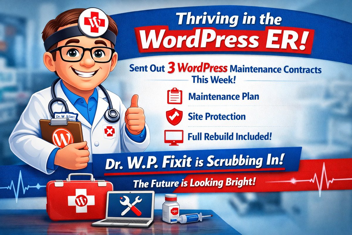 WPSiteDoctor's tweet photo. Big week for Dr. W.P. Fixit

Just sent out 3 WordPress Maintenance Contracts — one includes a full rebuild.

Most sites don’t crash overnight… they decay quietly (outdated PHP, plugin conflicts, mystery code).

Prevention beats panic.

#WordPress #WebMaintenance https://t.co/ycPEVdDU74