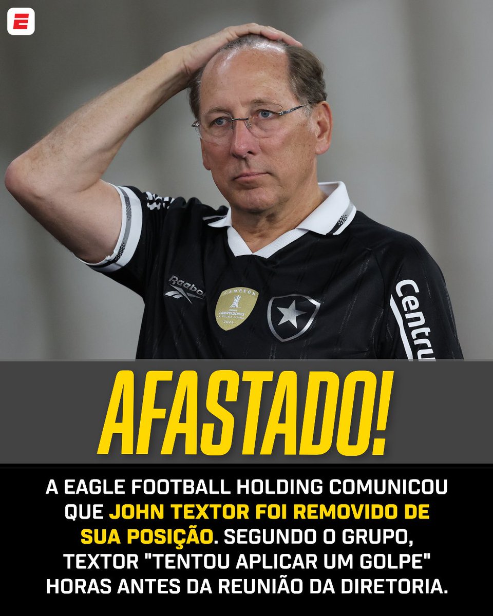 REMOVIDO DA POSIÇÃO! ❌😱 A holding que controla clubes como Botafogo e Lyon comunicou o afastamento de John Textor de seu cargo no grupo.

#FutebolNaESPN #Botafogo #JohnTextor