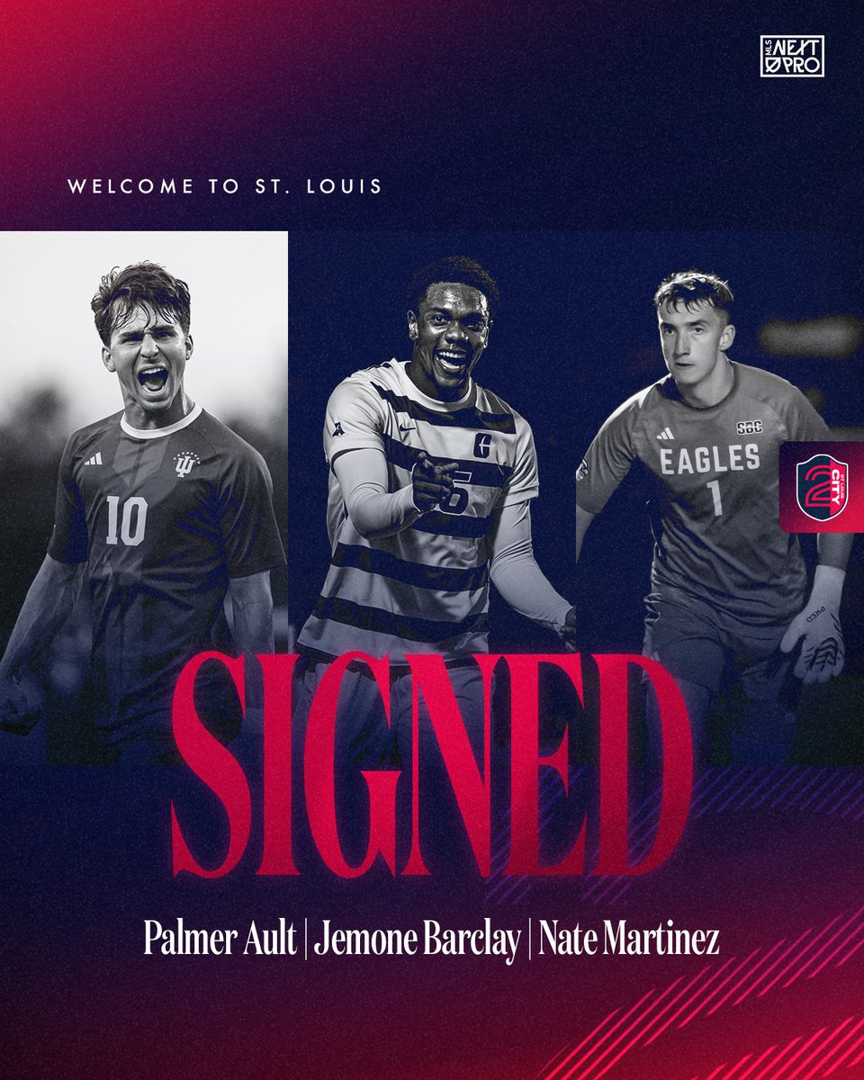 STLCITY2's tweet photo. Stacking the squad 🦾

We have signed forward Palmer Ault, defender Jemone Barclay, and goalkeeper Nate Martinez through the 2026 @MLSNEXTPRO season.

🗞️ https://t.co/6f4ukImrvy https://t.co/sDKbLqZmcK
