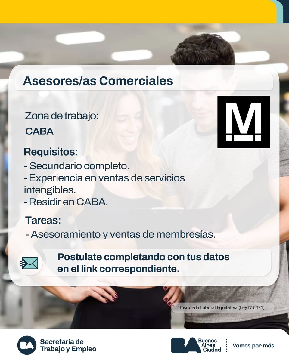 Asesores Comerciales

Tareas:
ASESORAMIENTO Y VENTAS DE MEMBRESIAS

Link para postularse: formulariosgcba.gob.ar/pMd34Pg13mMzOD…