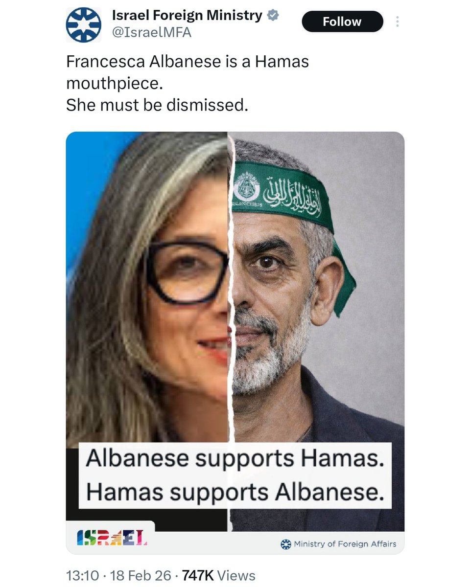 This is an actual murder threat by the official State of Israel. Against a UN official, no less. And not only is it not sanctioned for it, it's still allowed to be part of the UN. Those genocidal murderers simply have limitless impunity.