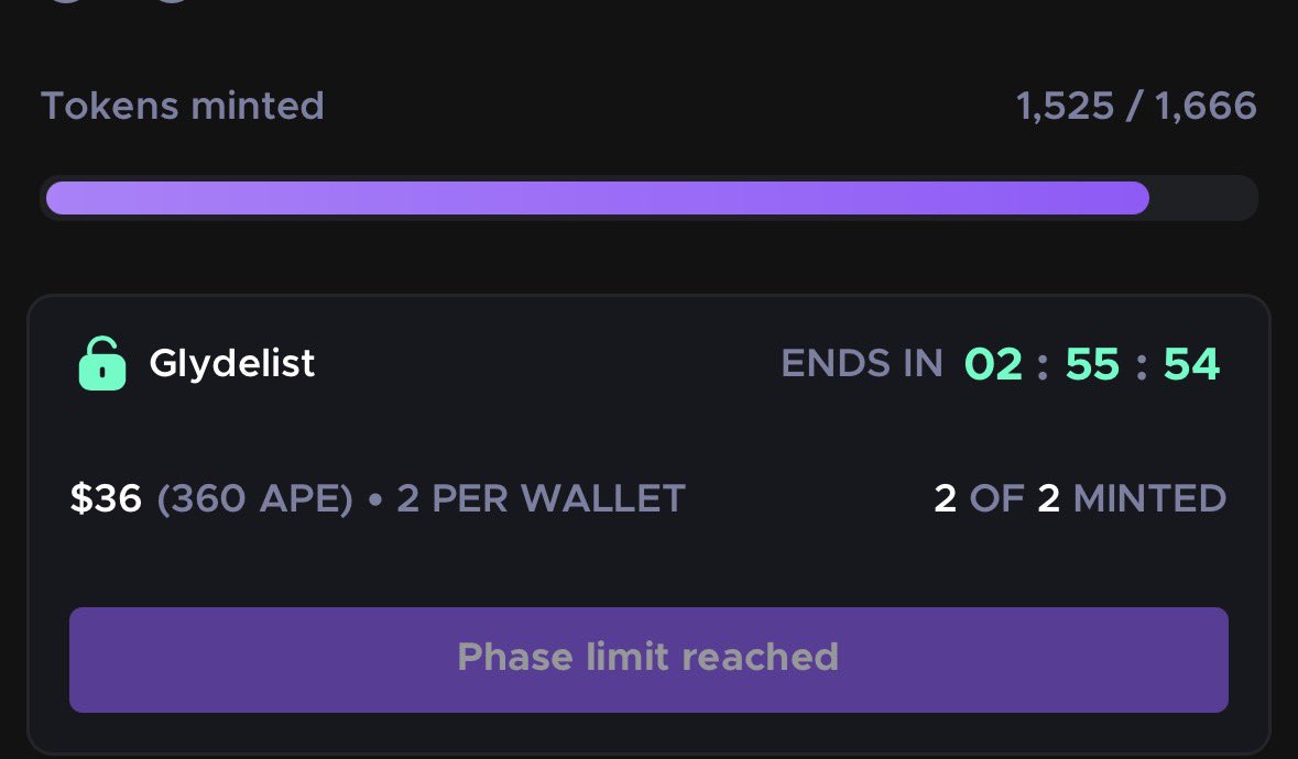 Wow <a href="/nightglyders/">NightGlyders</a> Trainers mint frickin ripped! Never seen a mint get minted out so fast on ApeChain😆 6 minutes in total great job! Hope yall didn’t miss this one!!
