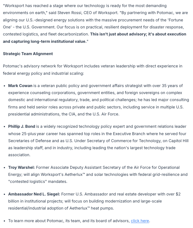 og_tigress's tweet image. $WKSP #advertisement

WKSP has transitioned into the commercial monetization phase of it’s business model. Earlier this month they announced a strategic partnership with Potomac International Partners which will in turn accelerate federal government and commercial market