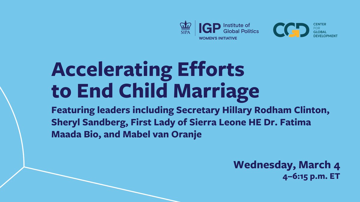 We are at a pivotal moment in the fight against child marriage. Join the <a href="/ColumbiaIGP/">Columbia Institute of Global Politics</a> Women’s Initiative for the launch of a new report, Accelerating Efforts to End Child Marriage, by directors <a href="/rvogelstein/">Rachel Vogelstein</a> and <a href="/jenkleindc/">Jennifer Klein</a>, which includes an analysis of the economic cost of