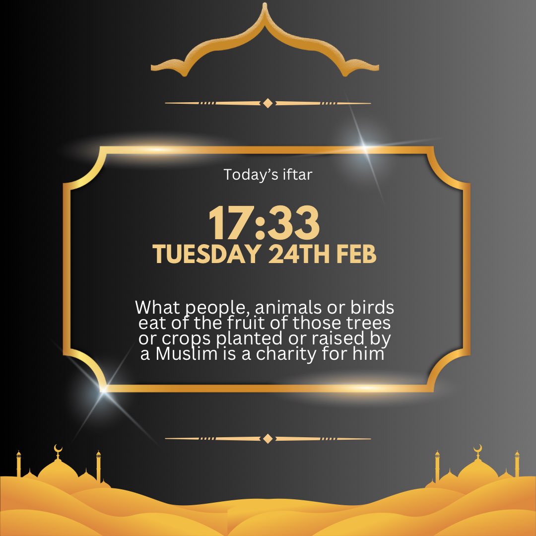 LIVE IFTAR TRANSMISSION
(15 minutes before Iftar) followed by Maghrib Adhan 

TODAY’S IFTAR 17:33

YouTube.com/hounslowjamiam…