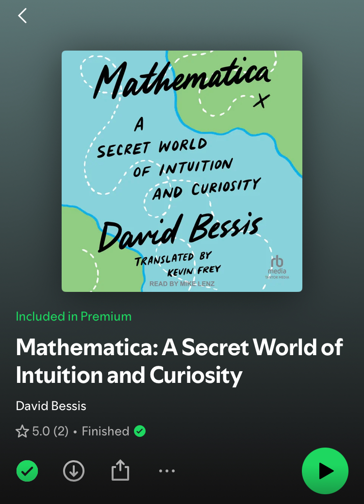 Ananyo's tweet photo. Just finished listening to 'Mathematica' by @davidbessis. Excellent! Strongly recommend for Bessis's views on mathematical intuition and why, due to a failure in our schools, so many fail to develop it--even though it's so clearly part of the human character.
One small gripe... https://t.co/TrsRgdTKP9