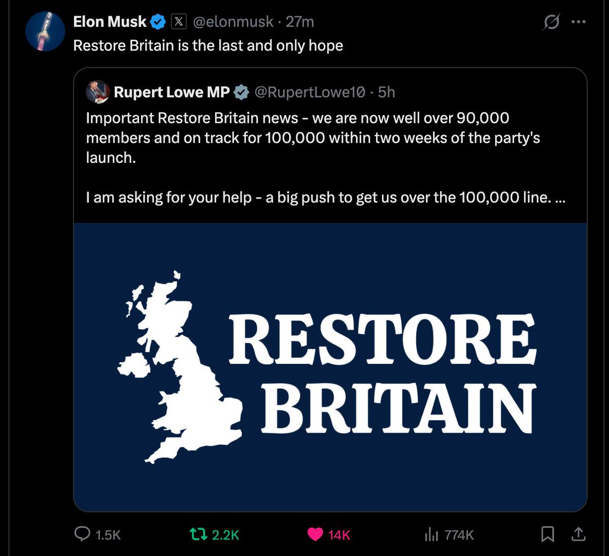 Elon Musk will never stop bullposting Restore Britain

And I'm pretty sure he'll PFP

$BRITAIN to $50M.