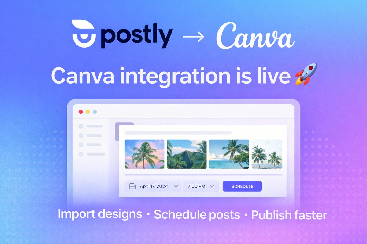 postlysocial's tweet image. 🎨 Big news: Postly’s Canva integration is live 🚀

Design in Canva → Import to Postly → Schedule → Publish
No downloads. No re-uploads. No messy workflows.

Create faster. Stay on-brand. Publish everywhere.

👉 Try it now: app.postly.ai

#Postly #Canva #CreatorTools