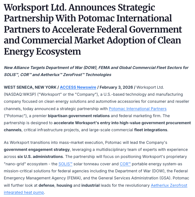 og_tigress's tweet image. $WKSP #advertisement

WKSP has transitioned into the commercial monetization phase of it’s business model. Earlier this month they announced a strategic partnership with Potomac International Partners which will in turn accelerate federal government and commercial market