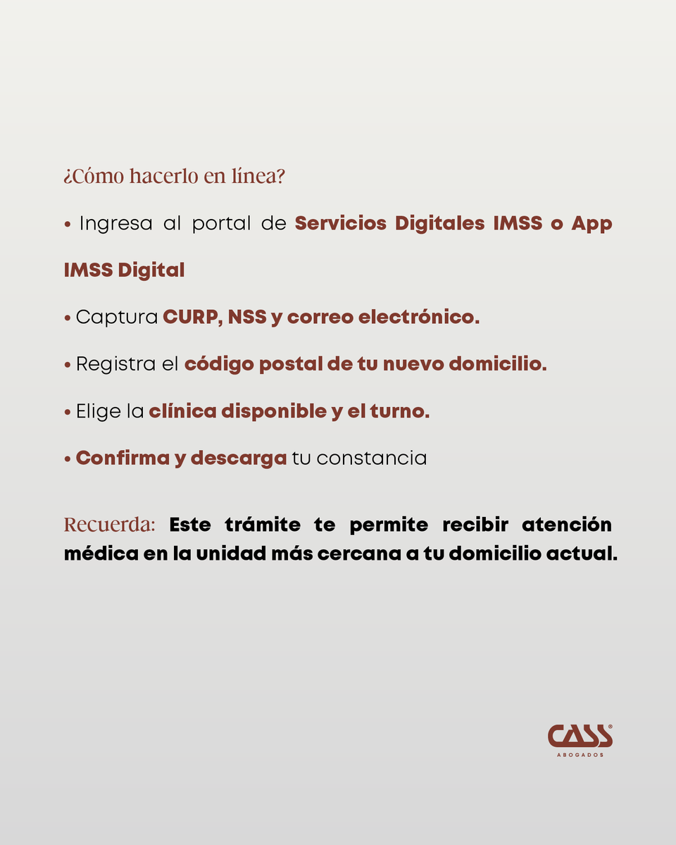 CASSabogados's tweet photo. ¿Cambiaste de domicilio y requieres acudir a tu clínica del IMSS para recibir atención?
El cambio de clínica (UMF) es un trámite gratuito que puedes realizar en línea, en minutos y sin filas, desde el portal de Servicios Digitales del IMSS o desde la App IMSS Digital.
Este proceso es ideal cuando te mudas y deseas recibir atención médica en una clínica más cercana a tu nuevo domicilio. Evita traslados innecesarios y mantén tu información actualizada.