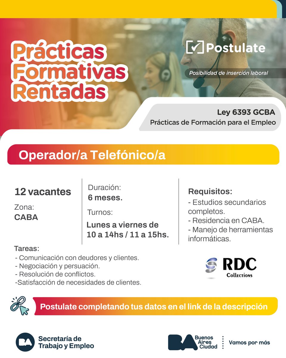Operador/a telefónico/a

Link para postularse: formulariosgcba.gob.ar/RaoWmeLOV8LG1n…