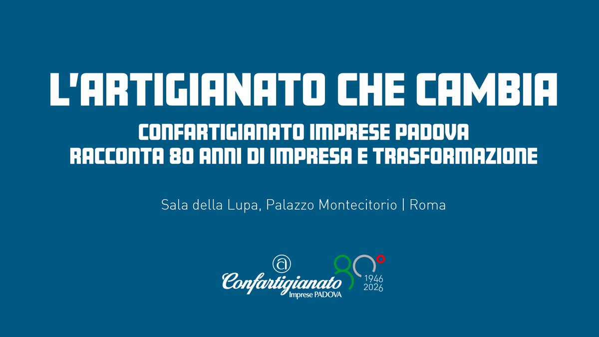 <a href="/ConfartPadova/">Confartigianato PD</a> domani alla Camera dei Deputati
Saremo a Montecitorio, nella Sala della Lupa, per il convegno nazionale “L’artigianato che cambia”, promosso in occasione degli 80 anni di Confartigianato.
Segui la diretta: webtv.camera.it/evento/30458