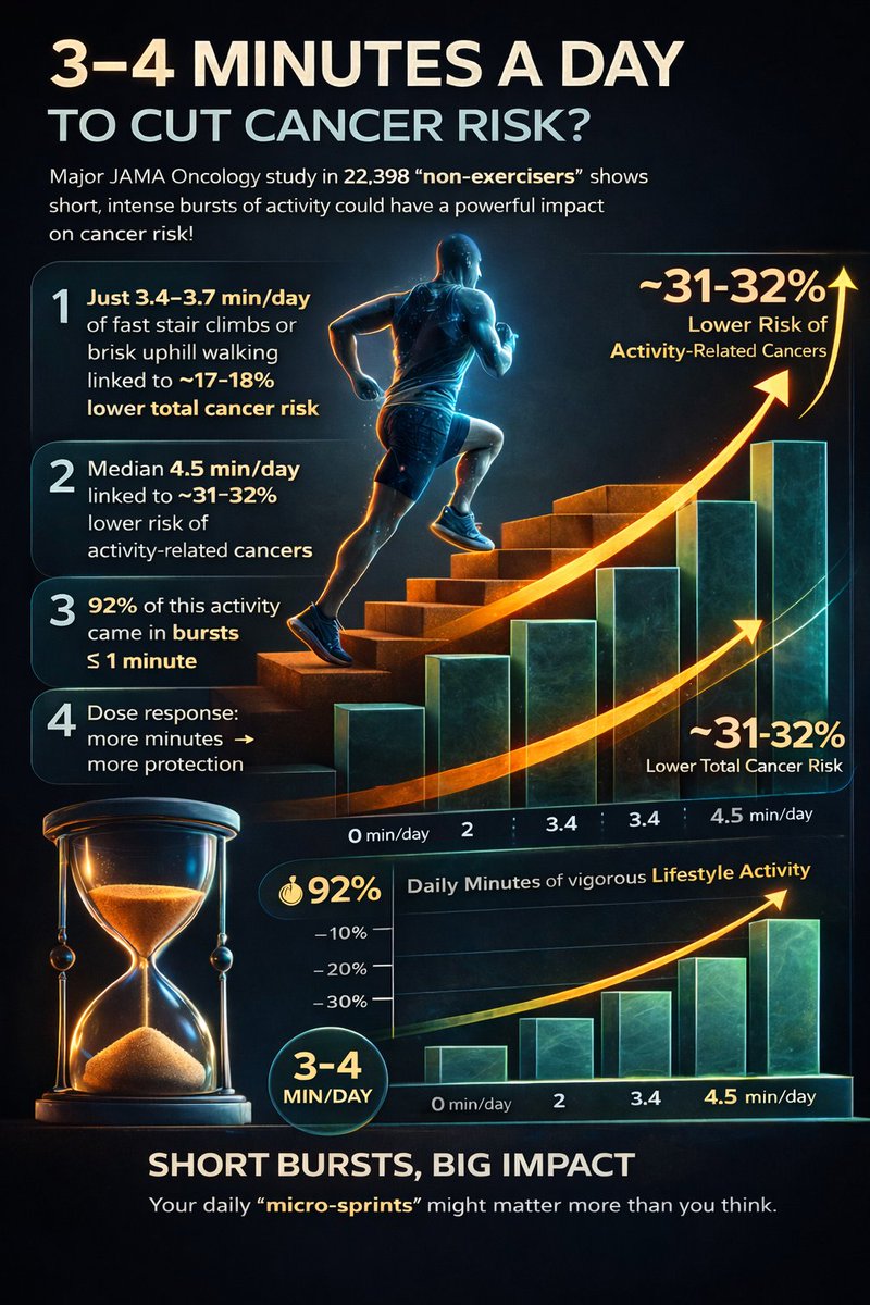 3–4 Minutes a Day to Cut Cancer Risk? 

A major JAMA Oncology study in 22,398 “non-exercisers” just showed something powerful:

1. Just 3.4–3.7 min/day of vigorous intermittent lifestyle activity (like fast stair climbs or brisk uphill walking) was linked to ~17–18% lower total