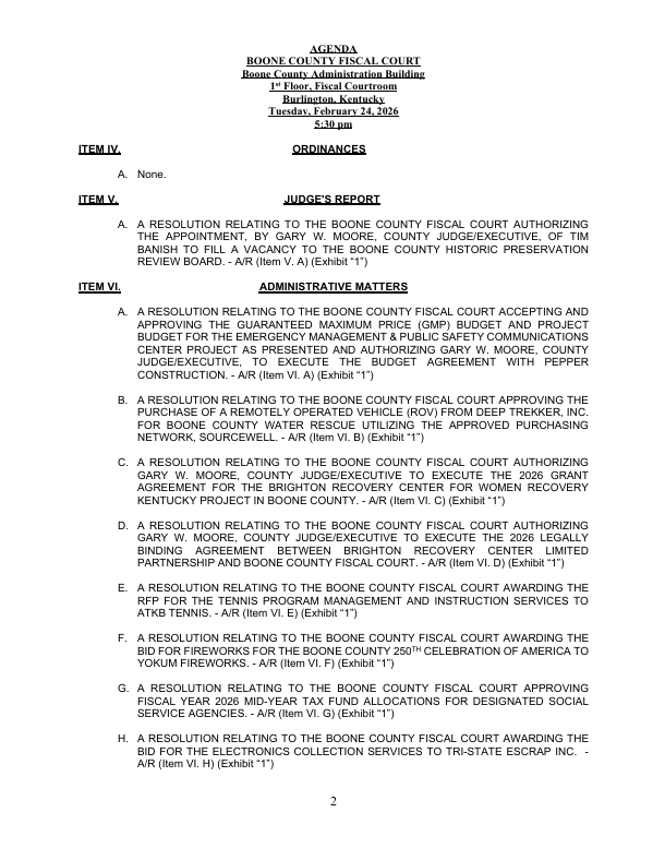 chet_hand's tweet photo. Tonight, 𝐓𝐮𝐞𝐬𝐝𝐚𝐲, 𝐅𝐞𝐛𝐫𝐮𝐚𝐫𝐲 𝟐𝟒, 𝐚𝐭 𝟓:𝟑𝟎 𝐩𝐦, the Boone County Fiscal Court will hold a public meeting at the Boone County Administration Building, 2950 Washington Street in Burlington. All Boone County residents are welcome to attend and provide input on items before the Court. As always, you may also email me with any thoughts or questions.

The full agenda is available on the county website, but below are several notable items scheduled for consideration:

• A resolution authorizing the appointment of Tim Banish to fill a vacancy on the Boone County Historic Preservation Review Board.

• A resolution accepting and approving the Guaranteed Maximum Price (GMP) budget and project budget for the Emergency Management & Public Safety Communications Center Project (this is the new PSCC center across from the BCSO).

• A resolution approving the purchase of a Remotely Operated Vehicle (ROV) from Deep Trekker, Inc. for Boone County Water Rescue.

• Resolutions executing the 2026 Grant Agreement and Legally Binding Agreement for the Brighton Recovery Center for Women Recovery Kentucky Project in Boone County.

• A resolution awarding the RFP for Tennis Program Management and Instruction Services to ATKB Tennis.

• A resolution awarding the bid for fireworks for the Boone County 250th Celebration of America to Yokum Fireworks.

• A resolution approving Fiscal Year 2026 mid-year tax fund allocations for designated social service agencies.

• A resolution awarding the bid for Electronics Collection Services to Tri-State Escrap Inc.

• A resolution rejecting all bids for Household Hazardous Waste Collection Services.

• A resolution approving the purchase of police special service and administrative vehicles from Paul Miller Ford.

• A resolution approving the final closeout payment relating to the construction for the Parks Building Project.

If you’re unable to attend in person, the meeting will be available via the county livestream here: https://t.co/SEtmbBHAbk... You can also watch on Spectrum Channel 200 or Altafiber Channel 823.

Links to the full agenda and livestream can be found on the county website here: https://t.co/5oGxhkc6o5

I appreciate hearing from you and hope you’re able to attend or follow along.