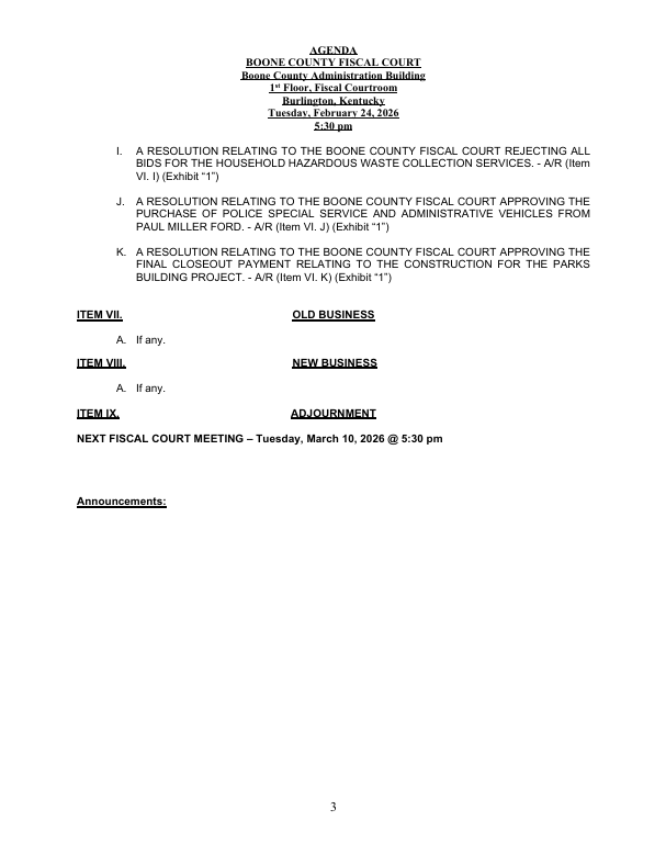 chet_hand's tweet photo. Tonight, 𝐓𝐮𝐞𝐬𝐝𝐚𝐲, 𝐅𝐞𝐛𝐫𝐮𝐚𝐫𝐲 𝟐𝟒, 𝐚𝐭 𝟓:𝟑𝟎 𝐩𝐦, the Boone County Fiscal Court will hold a public meeting at the Boone County Administration Building, 2950 Washington Street in Burlington. All Boone County residents are welcome to attend and provide input on items before the Court. As always, you may also email me with any thoughts or questions.

The full agenda is available on the county website, but below are several notable items scheduled for consideration:

• A resolution authorizing the appointment of Tim Banish to fill a vacancy on the Boone County Historic Preservation Review Board.

• A resolution accepting and approving the Guaranteed Maximum Price (GMP) budget and project budget for the Emergency Management & Public Safety Communications Center Project (this is the new PSCC center across from the BCSO).

• A resolution approving the purchase of a Remotely Operated Vehicle (ROV) from Deep Trekker, Inc. for Boone County Water Rescue.

• Resolutions executing the 2026 Grant Agreement and Legally Binding Agreement for the Brighton Recovery Center for Women Recovery Kentucky Project in Boone County.

• A resolution awarding the RFP for Tennis Program Management and Instruction Services to ATKB Tennis.

• A resolution awarding the bid for fireworks for the Boone County 250th Celebration of America to Yokum Fireworks.

• A resolution approving Fiscal Year 2026 mid-year tax fund allocations for designated social service agencies.

• A resolution awarding the bid for Electronics Collection Services to Tri-State Escrap Inc.

• A resolution rejecting all bids for Household Hazardous Waste Collection Services.

• A resolution approving the purchase of police special service and administrative vehicles from Paul Miller Ford.

• A resolution approving the final closeout payment relating to the construction for the Parks Building Project.

If you’re unable to attend in person, the meeting will be available via the county livestream here: https://t.co/SEtmbBHAbk... You can also watch on Spectrum Channel 200 or Altafiber Channel 823.

Links to the full agenda and livestream can be found on the county website here: https://t.co/5oGxhkc6o5

I appreciate hearing from you and hope you’re able to attend or follow along.