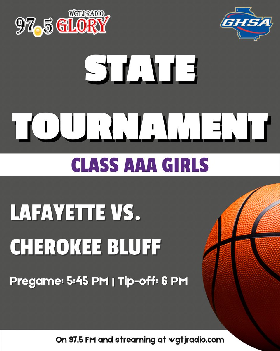 TeamGlorySports's tweet photo. 🚨Round 1 coverage of the @OfficialGHSA state basketball tournament will feature no. 25 Lafayette taking on no. 8 @CBluff_WBB. Coverage begins at 5:45 PM on 97.5 Glory FM.

Streaming: https://t.co/BgNxJidqUr

@KyleSandy355 @SandysSpiel #HallBasketball https://t.co/GIGtxtHpkz