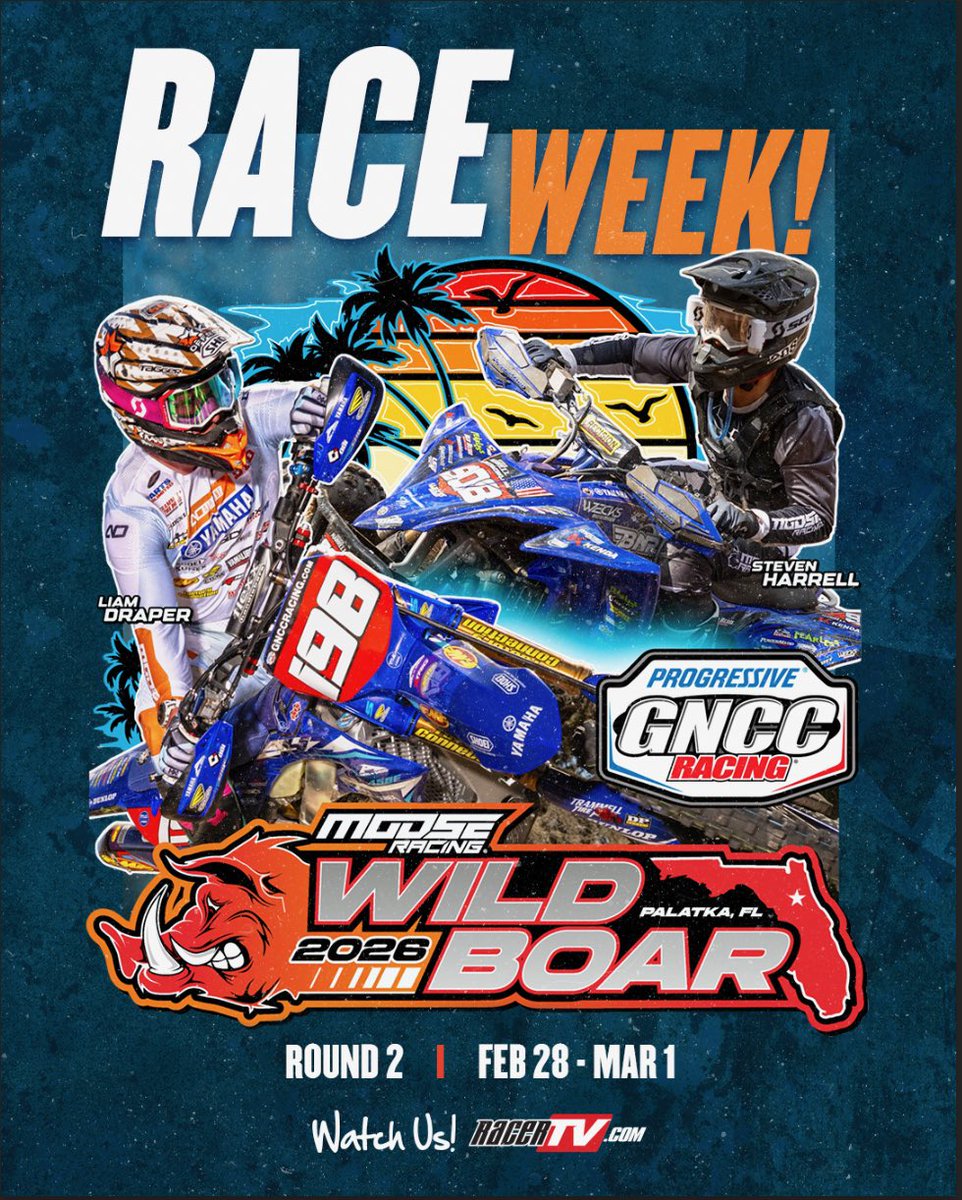 It’s Race Week 🤘 

Make sure you tune in to RacerTV.com for round 2 of Progressive GNCC Racing from @mooseelite Wild Boar 🐗  

Saturday ATVs ➡️ 2pm est
Sunday Bikes  ➡️ 1pm est 

<a href="/progressive/">Progressive</a> @racertv #GNCCRacing