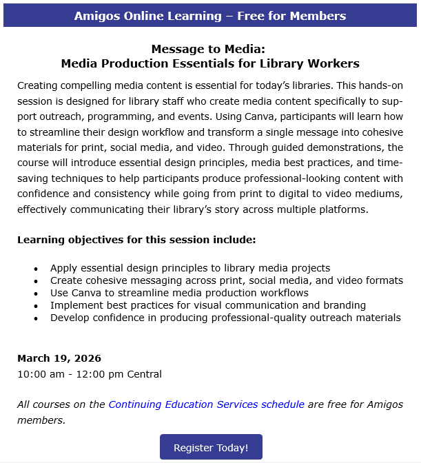 AmigosLibServ's tweet photo. Free for Amigos members: https://t.co/Je5sZnBKv8 #AmigosKnowAndGo #librarylearning #continuingEd #AmigosContEd https://t.co/gdJC7TbPAH