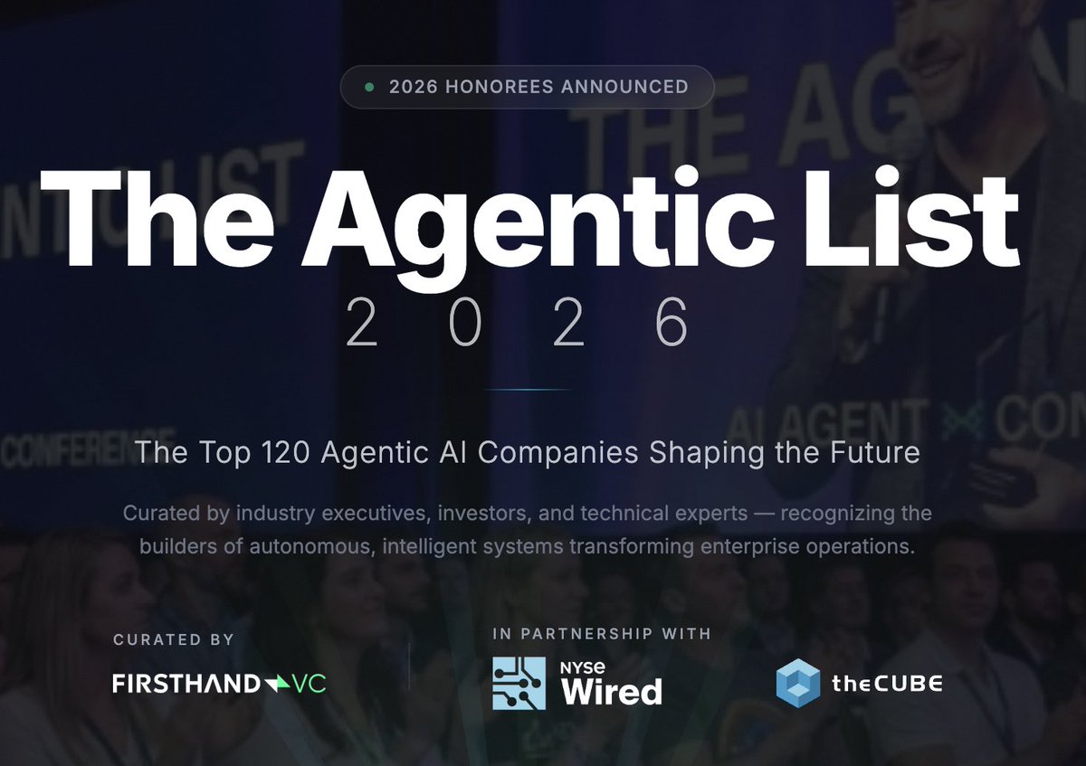 Pokee_AI's tweet photo. Pokee AI has been named to The Agentic List 2026 — the top 120 trending agentic AI companies most admired by industry executives 🏆 Selected by enterprise leaders. Backed by research. Built by @FirsthandVC, @NYSE, and @theCUBE.

New agent capability incoming in weeks. 

Onwards! 🚀
#TheAgenticList2026 #AgenticAI