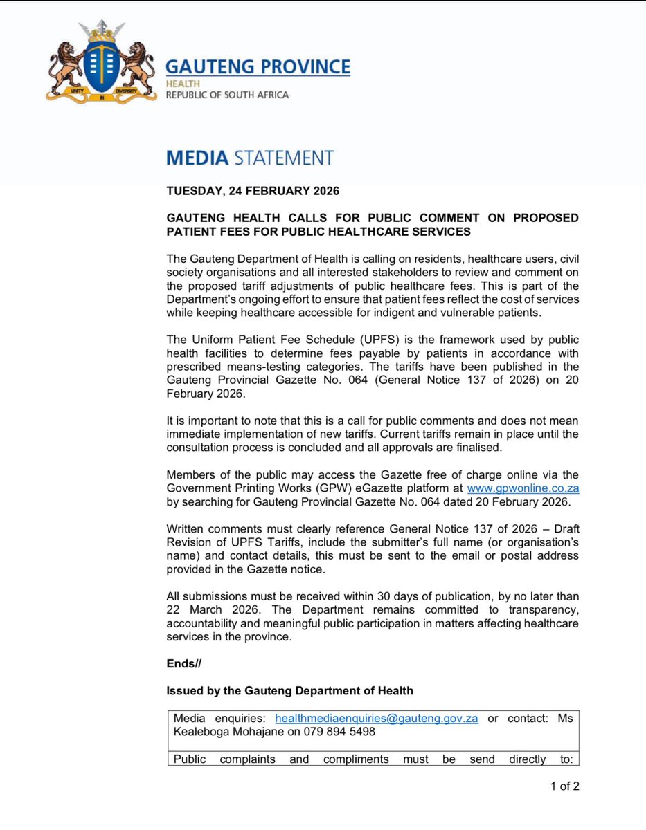 MEDIA STATEMENT || GAUTENG HEALTH CALLS FOR PUBLIC COMMENT ON PROPOSED PATIENT FEES FOR PUBLIC HEALTHCARE SERVICES