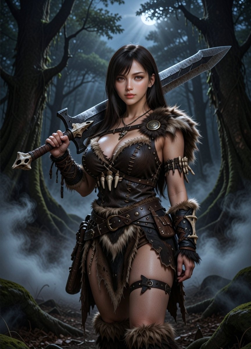 TifaDreamsAI's tweet photo. Barbarian queen in the ancient forest — rugged leather, thigh straps, night mist rising 🗡��� https://t.co/0rOHHxW8fD