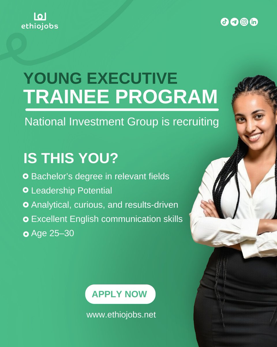 Ethiojobs's tweet photo. National Investment Group is calling ambitious young professionals to join its Young Executive Trainee Program, a structured, one-year program designed to prepare the next generation of executives.

Does this sound like you?

Apply now: https://t.co/nihaG3y2yY https://t.co/nEc6aZaptZ