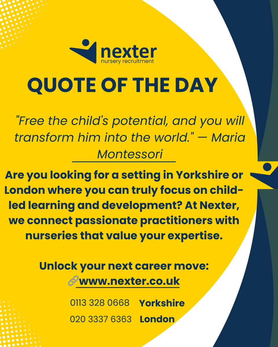 nexterrec's tweet photo. "Free the child's potential, and you will transform him into the world." — Maria Montessori ✨

Tuesday Reminder: You aren't just teaching; you're unlocking the future! 💛

Ready to make an impact in #Yorkshire or #London?

#EYFS #NurseryJobs #EarlyYears https://t.co/HpeauAD2Wr